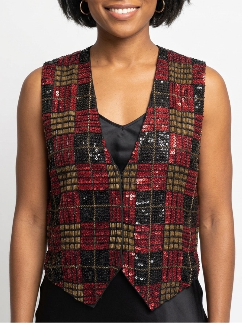 The Everett Collection Holiday Vest Size X-Large Sequin Beaded Black Red Gold